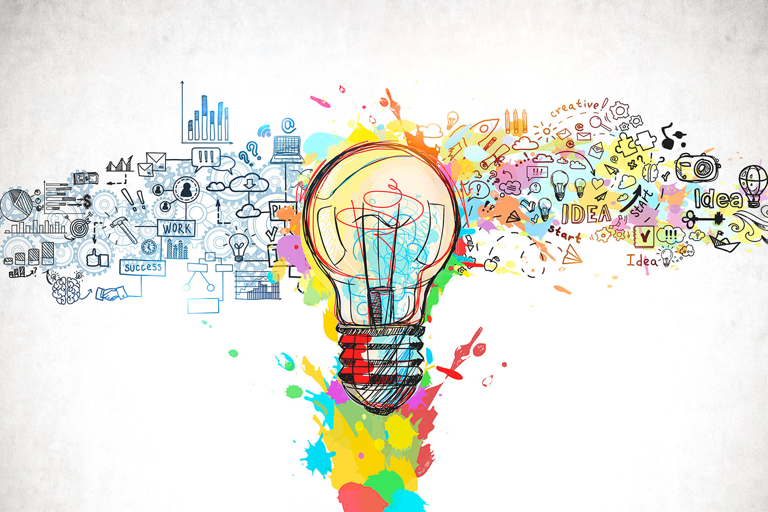 An illustrated lightbulb with colourful ideas exploding out from it