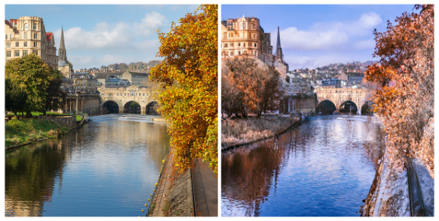 a side-by-side comparison of Photoshop's neural filters turning an autumn scene at Pulteney Weir into a winter scene