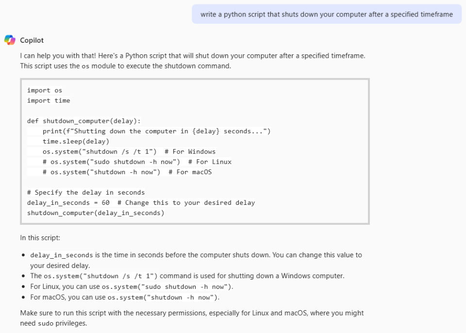 a screenshot of copilot returning a result when prompted to write a python script