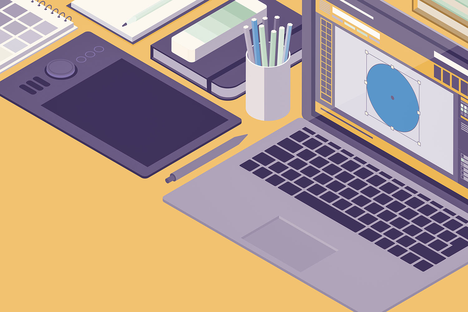 Isometric illustration of laptop tablet pens and other design tools