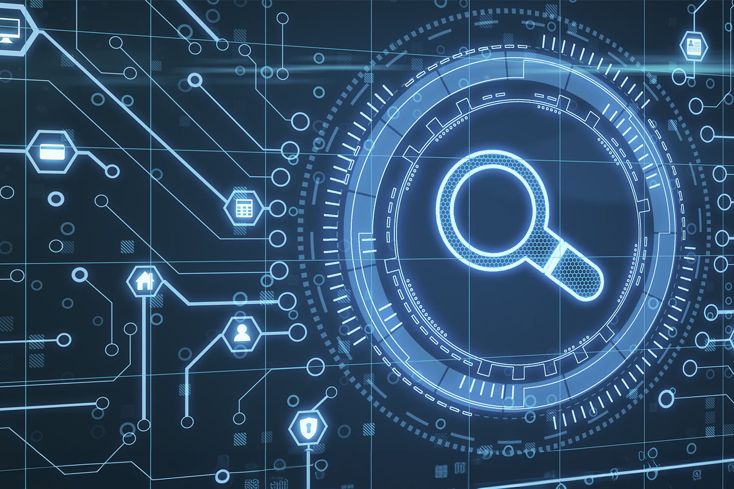 digital art of a magnifying glass in the middle of various icons