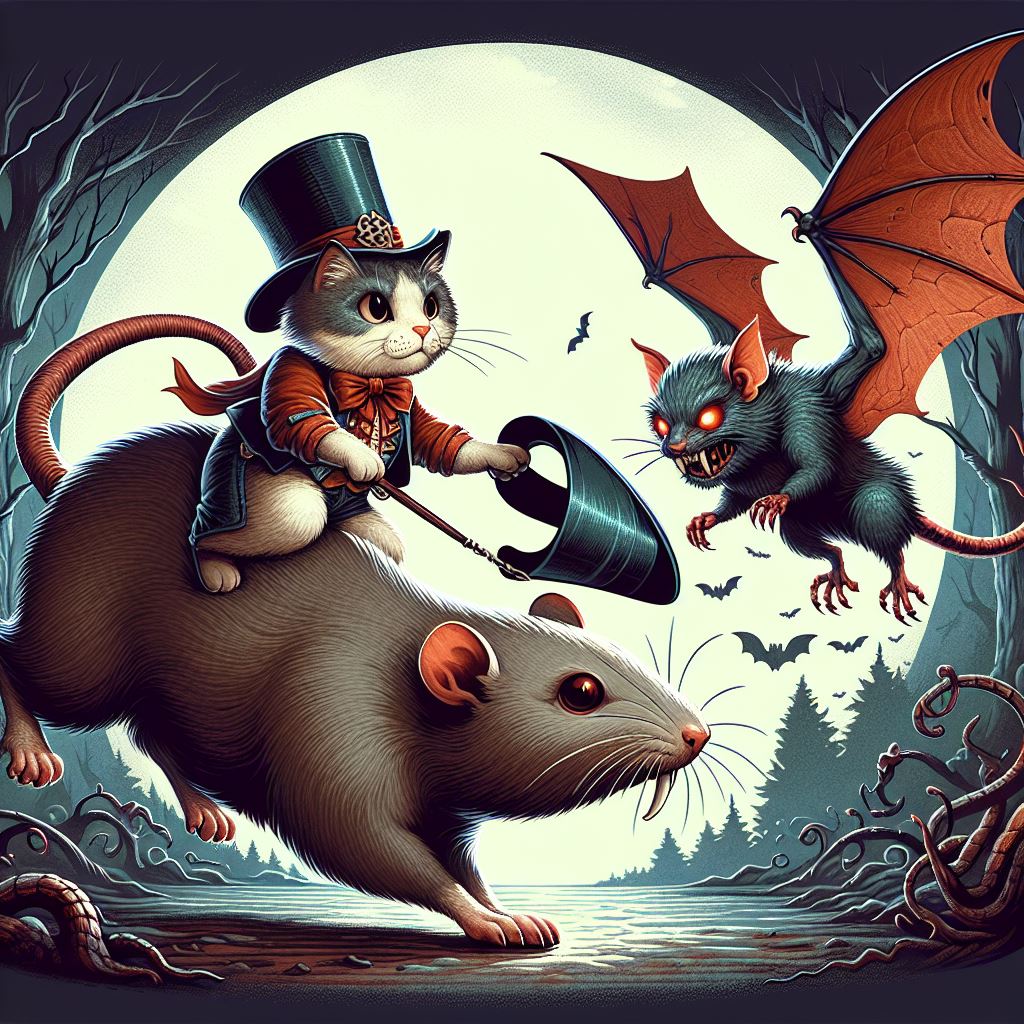 An image create by generative AI to create a scene of a cat riding a rat fighting a bat