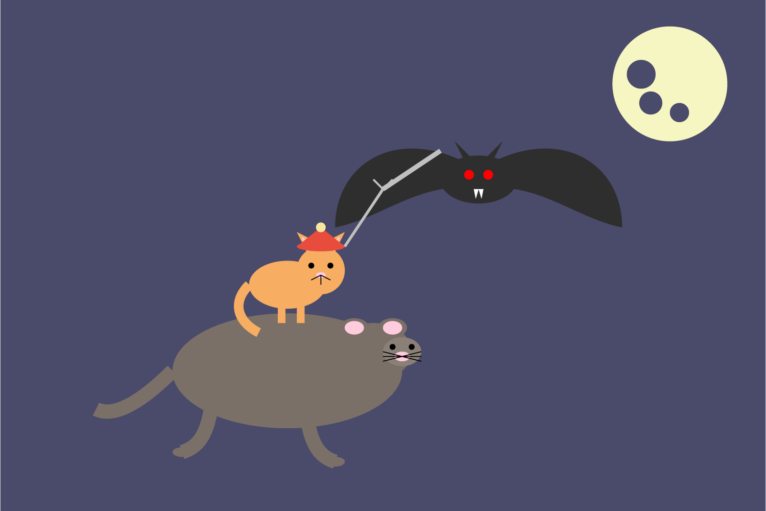 An image create by generative AI using shapes to create a scene of a cat riding a rat fighting a bat