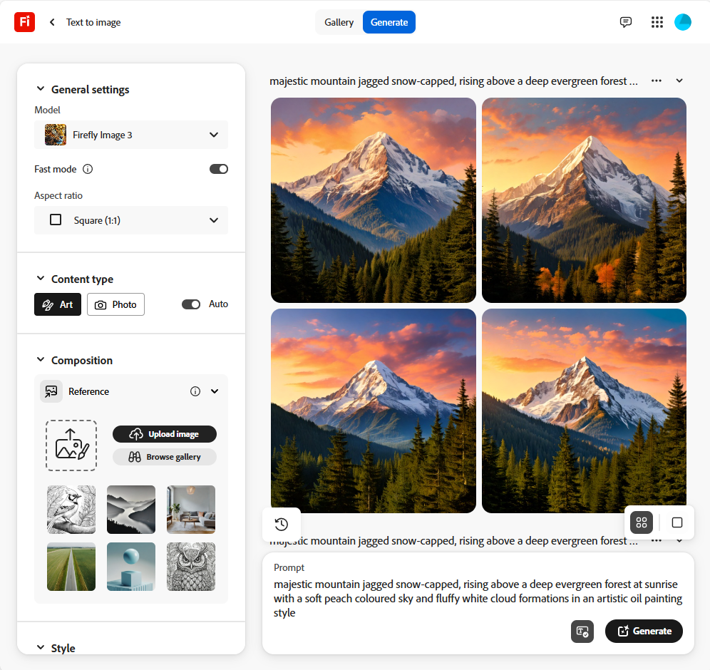 an image of adobe firefly generative ai software generating from a complex prompt for mountain