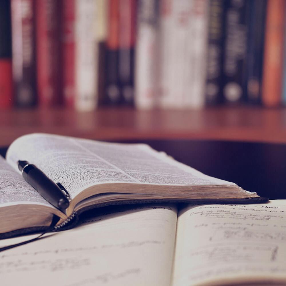 Open book, handwritten journal and a pen