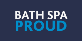 Dark blue rectangle with Bath Spa proud written in white and light blue.