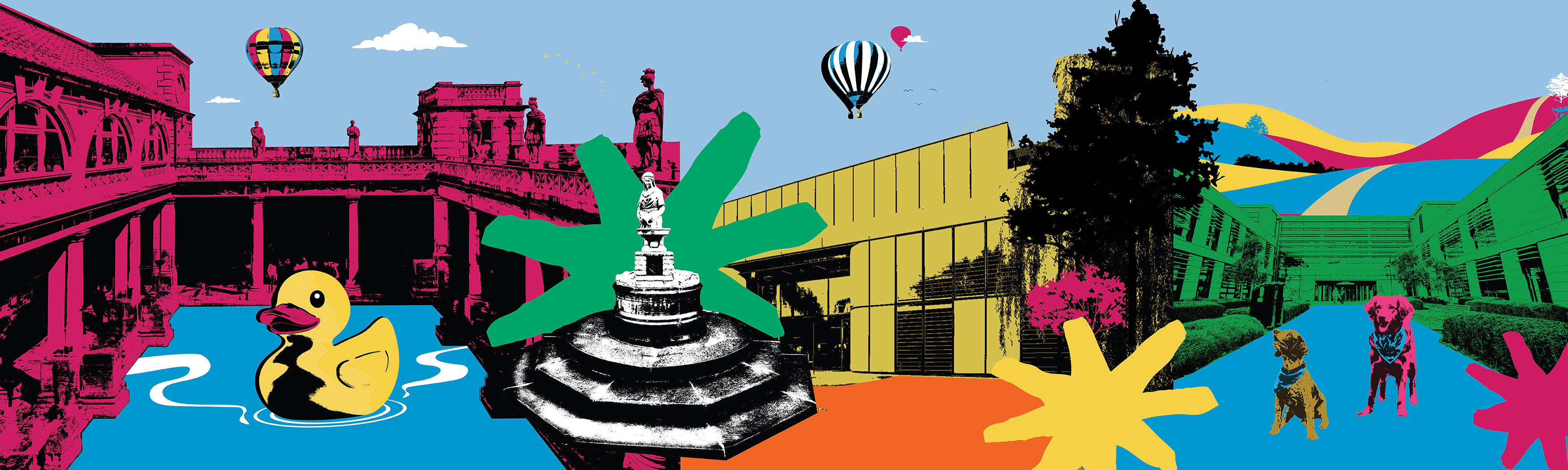 A fun and colourful cutout style graphic showing buildings the Roman Baths in Bath, Locksbrook campus and Newton Park campus.