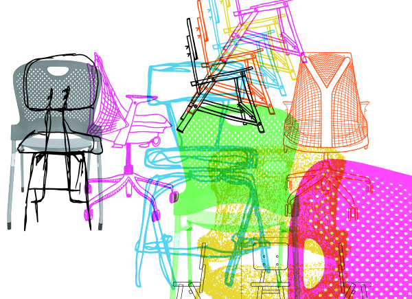 Abstract colour drawing of different chair like shapes