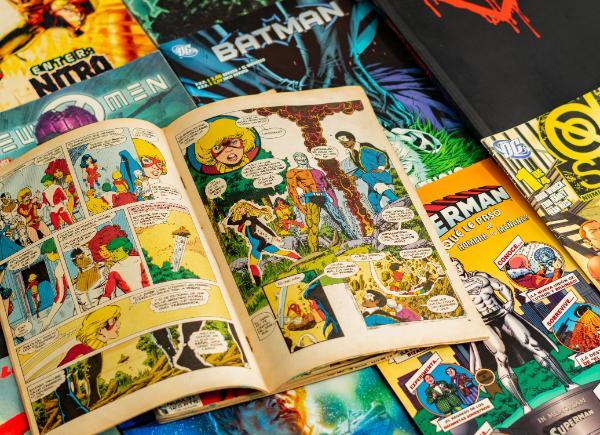 A comic book opened in front of a number of title pages