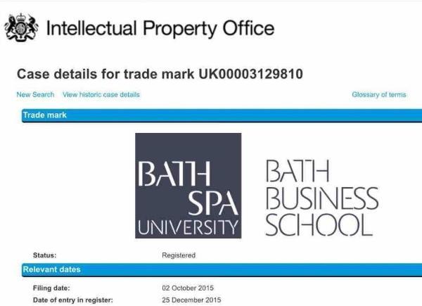 A screen shot of a document from the Intellectual Property Office confirming the registration of Bath Business School on 25 December 2015