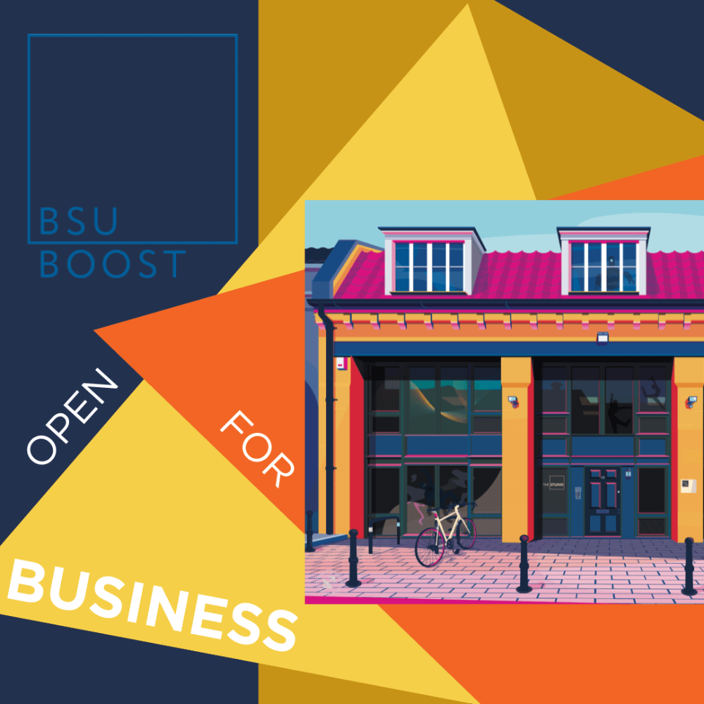 colourful graphic of shop front with 'BSU Boost Open for Business' in text