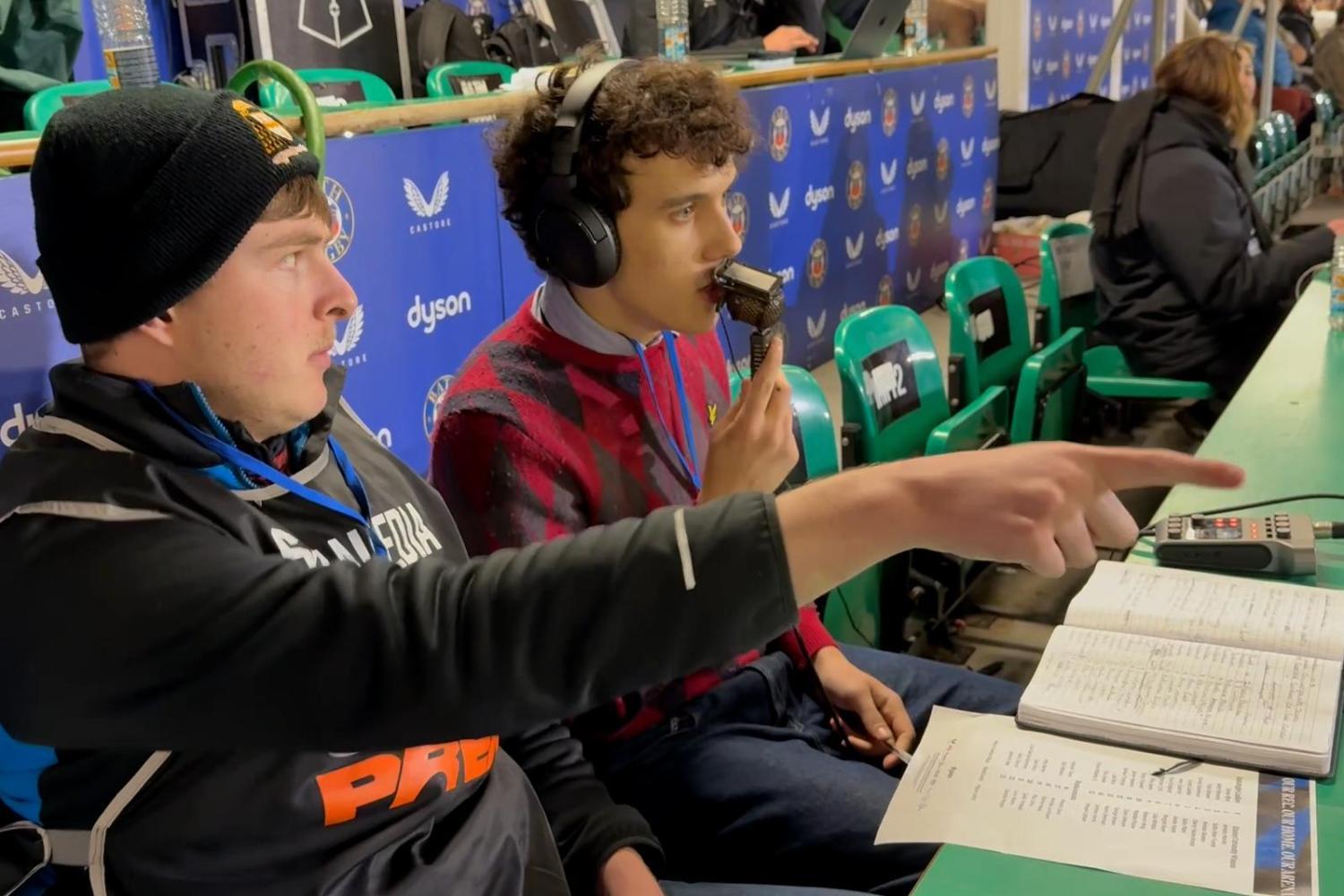 Two BSU Students commentating on Bath Rugby Ladies game