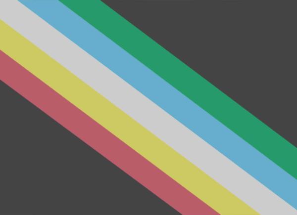 The disability pride flag - five diagonal stripes of red, yellow, white, blue and green on a black background.