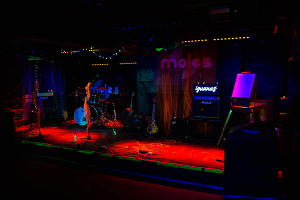 A stage set-up for a music gig at Moles venue in Bath.