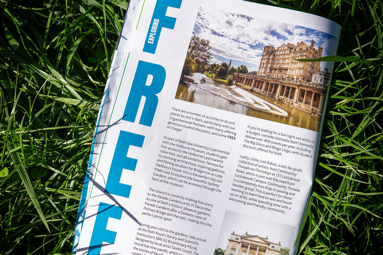 Magazine open to a page titled exploring free in the grass