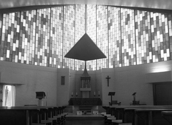 Black and white interior shot of a church