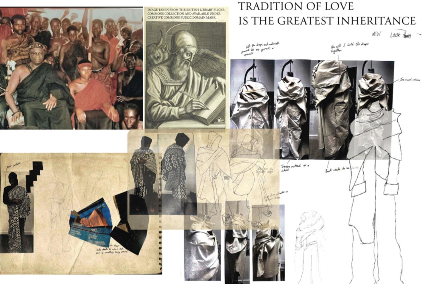 Various images of religious figures and fashion sketches