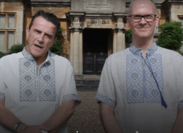 Ian and John standing in front of Corsham Court recording their video