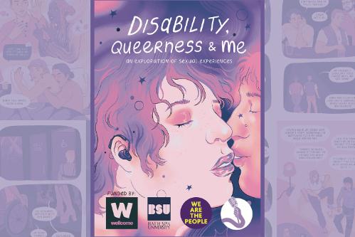 An illustrated comic book cover featuring two people kissing. One of them is wearing a hearing aid.