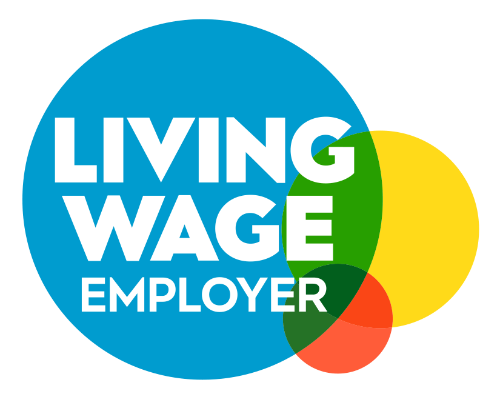 colourful circles of various sizes overlap in the background, over-the-top of them it reads 'Living Wage Employer'