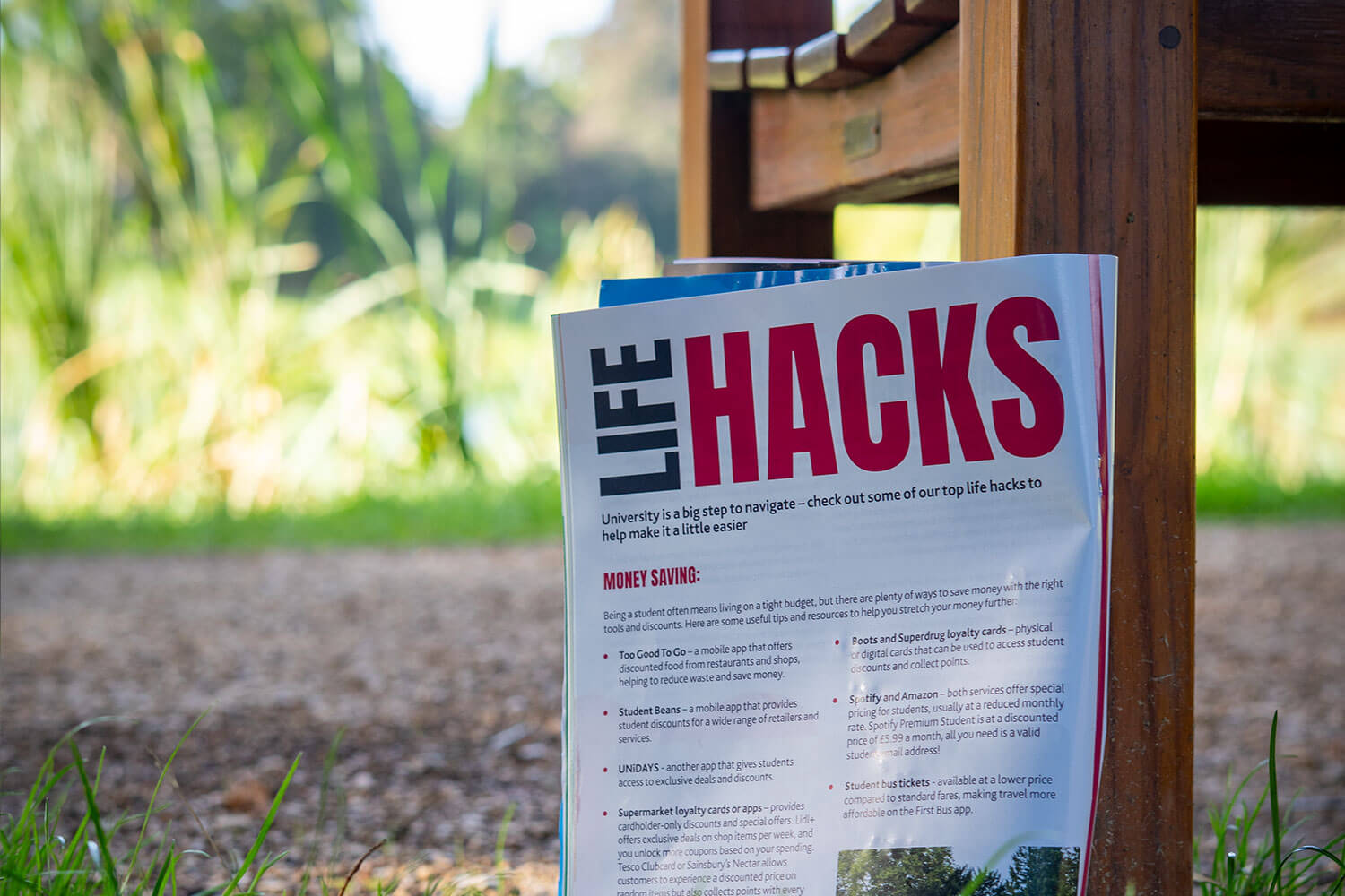 magazine open to a page titled Life Hacks propped up against a wooden bench in front of a green setting.