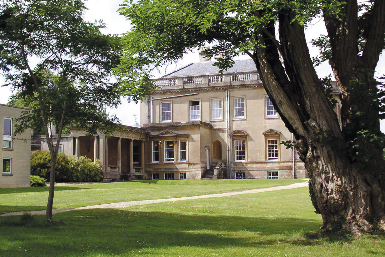 A large tree stands in front of a grand manor house