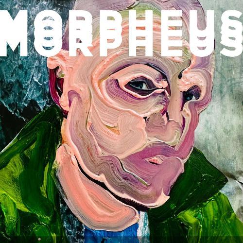 Abstract portrait painting of a mans face staring