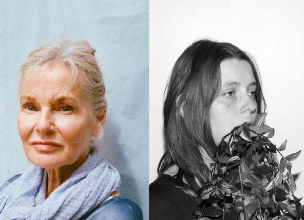 Two photographs, one of an older woman dressed in blue, one of a younger woman in black and white
