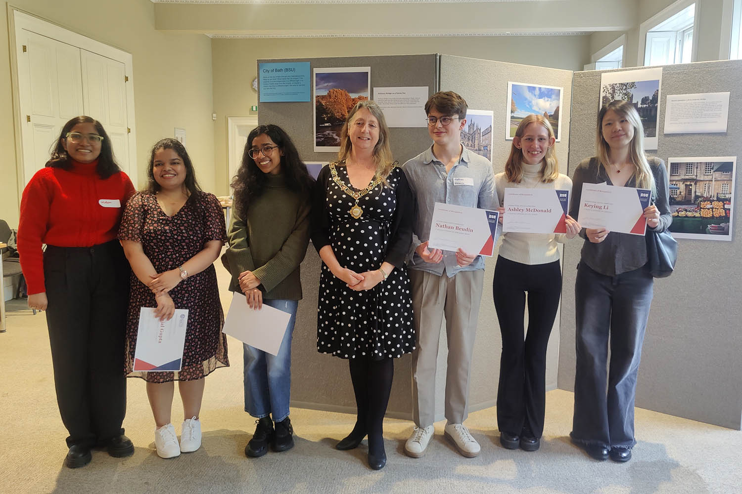 Winners of BSU International Photo Competition posing with the Mayor of Bath, Dine Romero