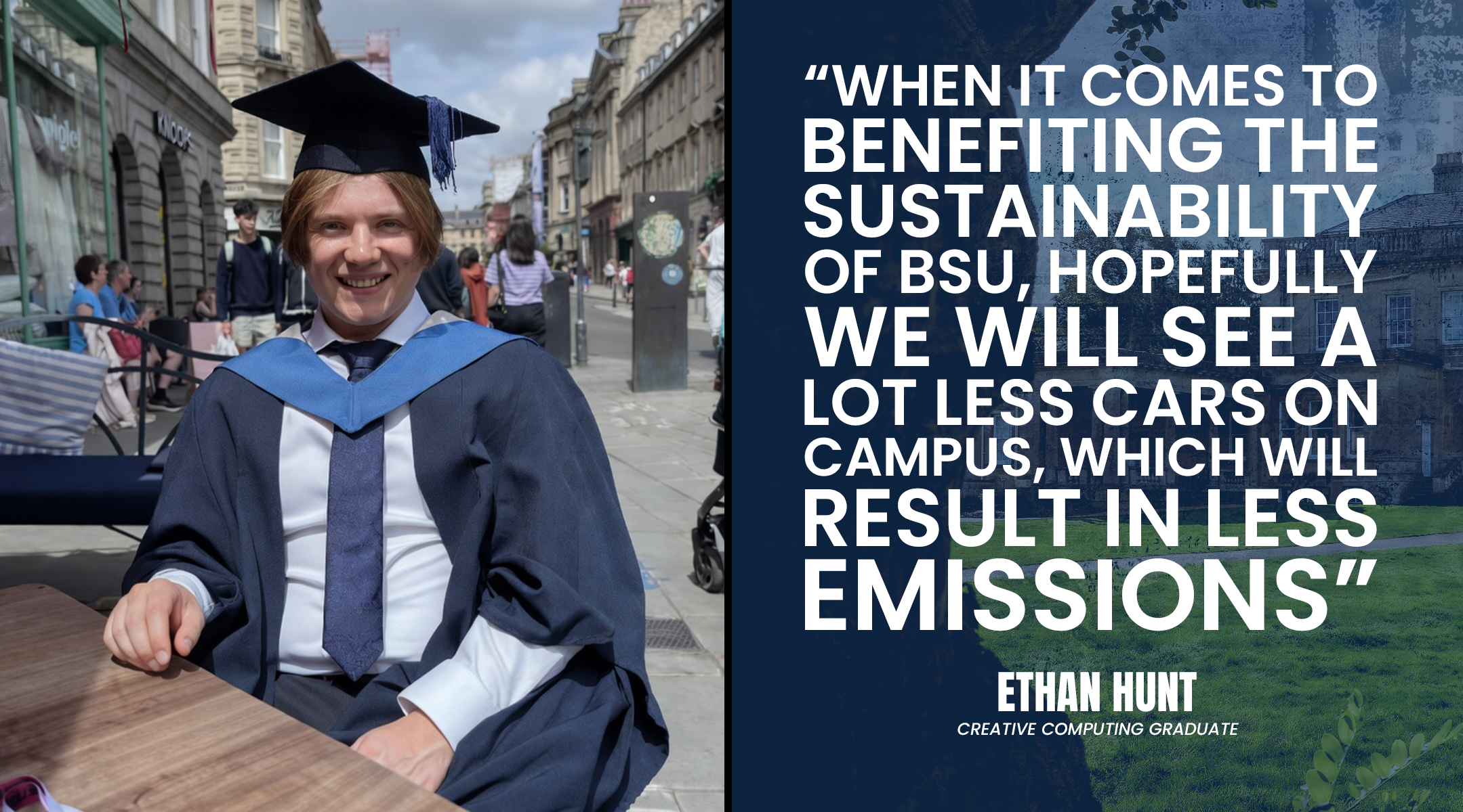 a quote from a student sat in a cap and gown