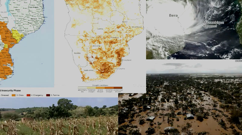 Aerial photos showing weather patterns, dry stalks in fields and waterlogged land, alongside maps