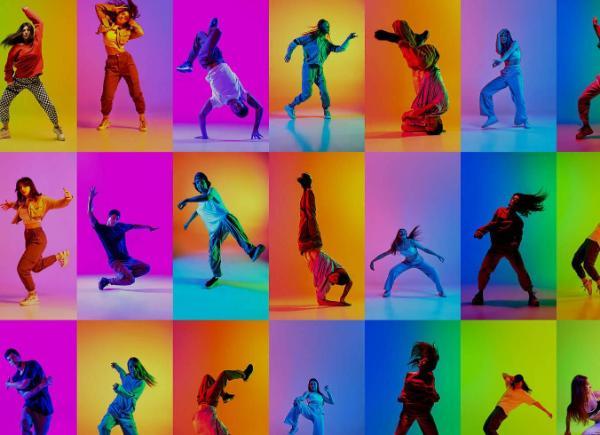 Collage made of different young people expressively dancing hip-hop against multicolored background in neon light.