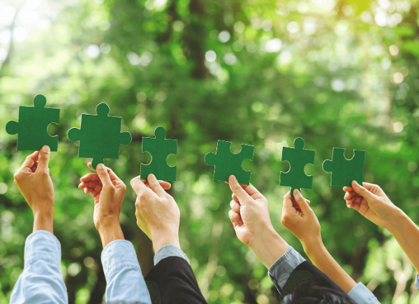 Three people hold up two green puzzle pieces each in front of a row of trees.