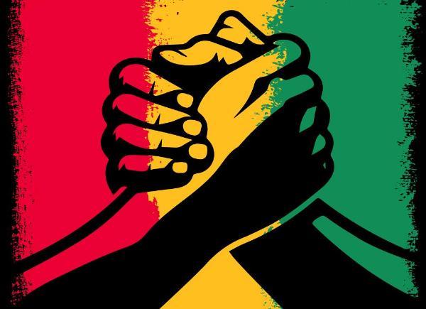 Two hands claspsed together over a red gold and green background