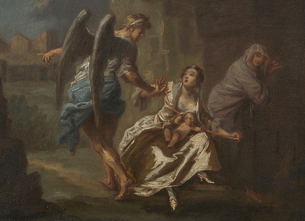 An eighteenth century painting showing an angel standing over a woman in a white dress with a baby