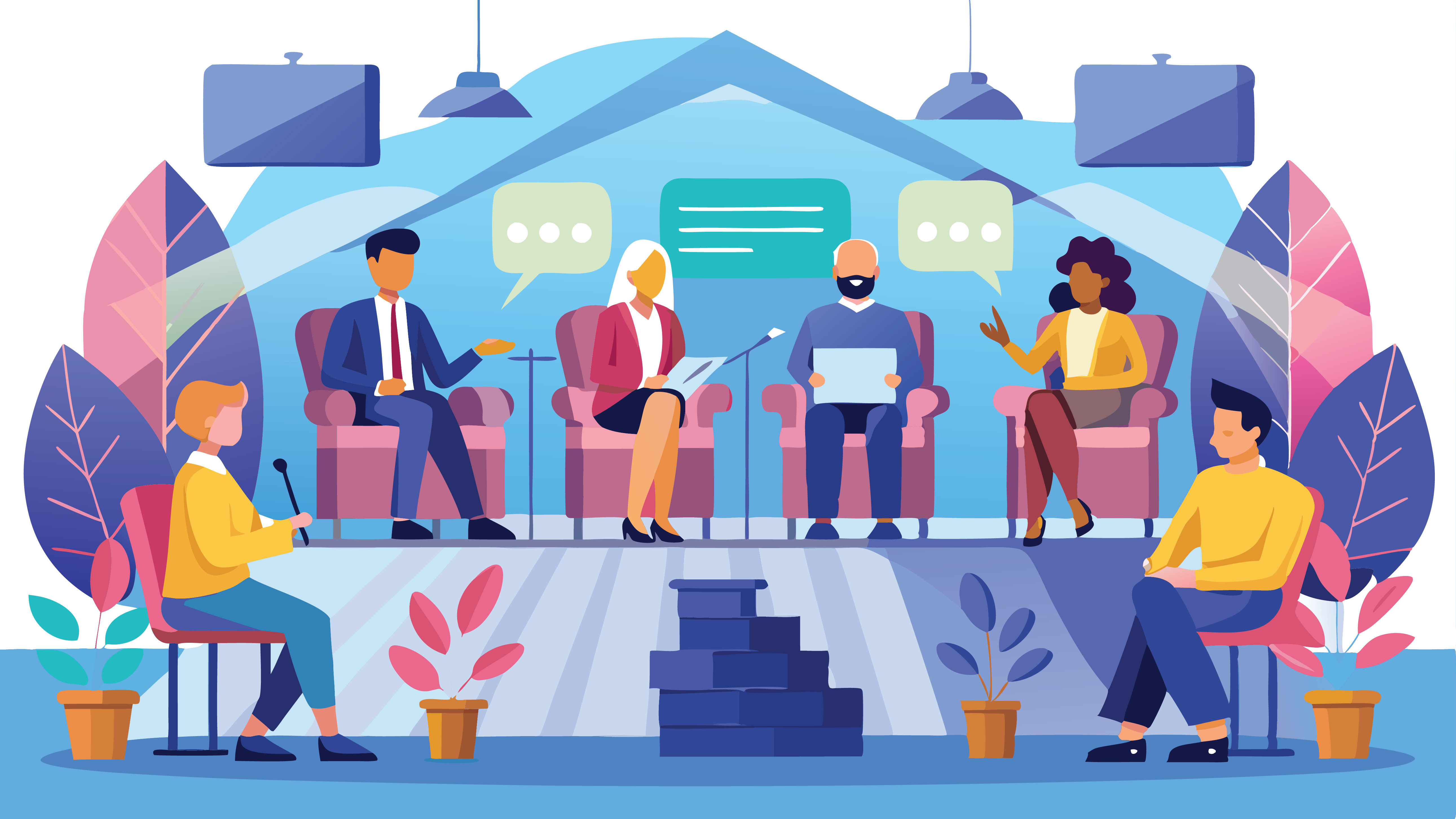 A colourful illustration shows four speakers on stage hosting a panel as two audience members watch from each side.