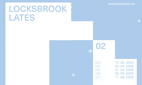 A pale blue and white graphic which lists the upcoming dates for Locksbrook Lates