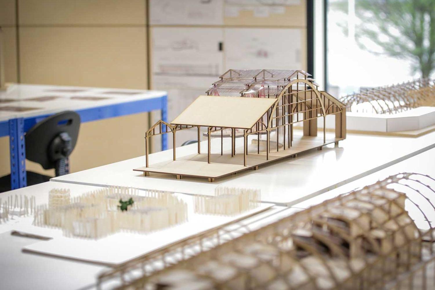 A series of scale models in the architecture studio