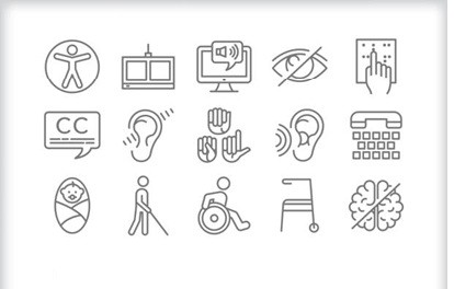 Series of graphics illustrating different accessibility needs such as hearing impairment, braille, closed captioning