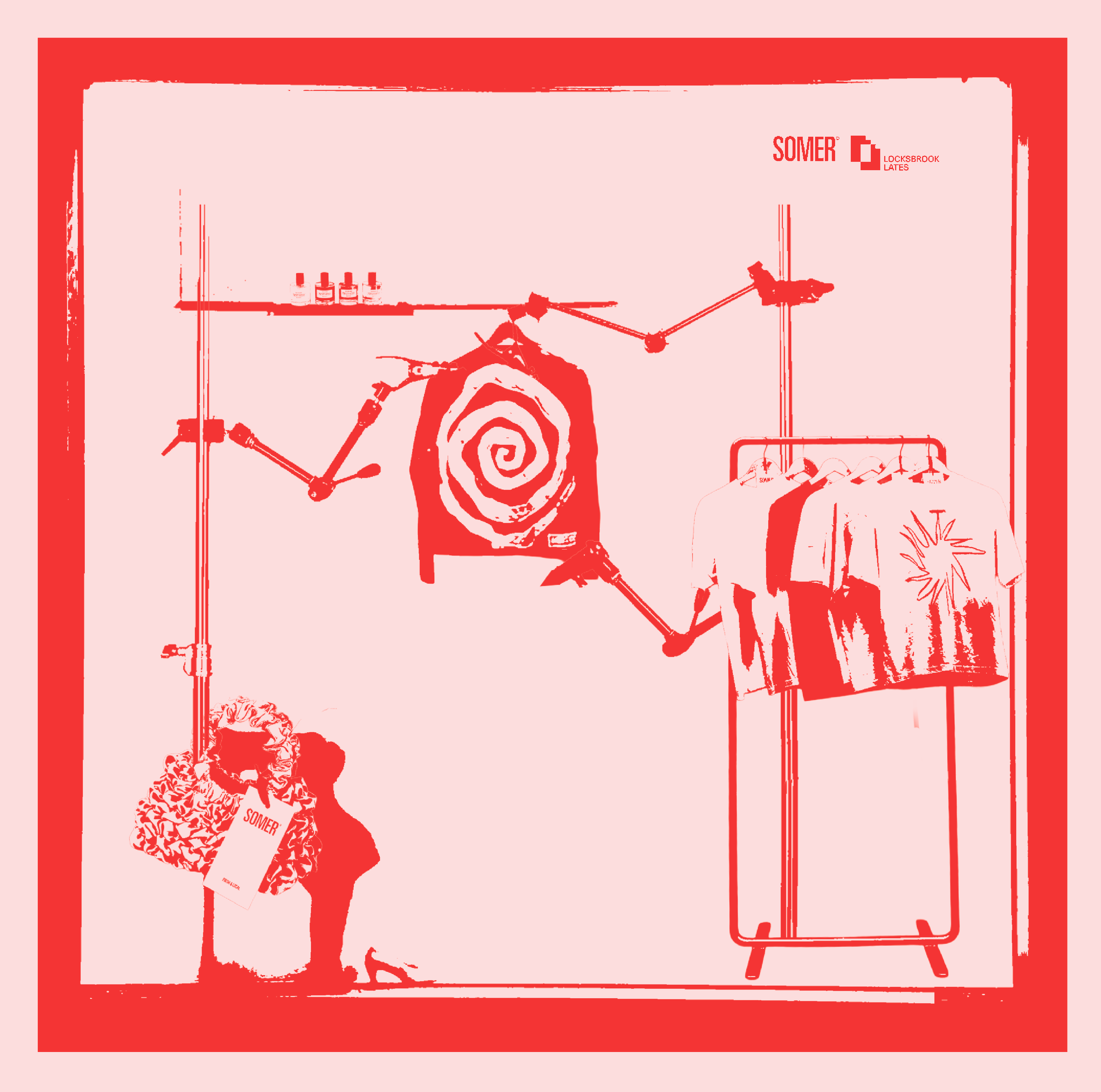 A pale pink and red graphic showing a window display at SOMER store