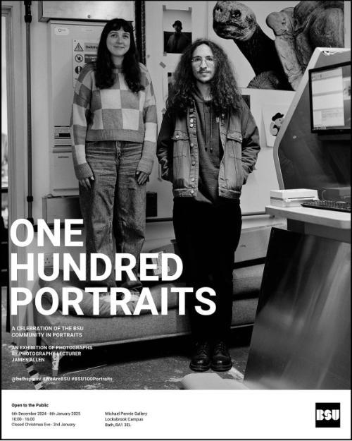 A poster featuring a black and white portrait of two students posing together. One person is standing on a bed to make them as tall as the other.