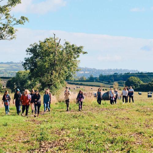 A group of students walking through a field in the sunshine