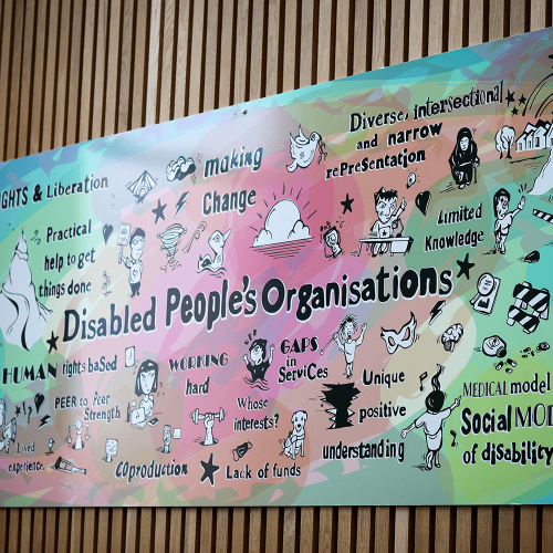 The We Are The People mural hanging on the wall in Commons