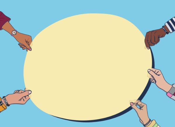 cream circle on blue background gripped by hands of different colours