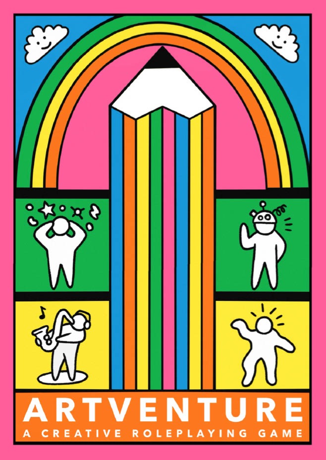 A pink background with a colourful illustration of a pencil