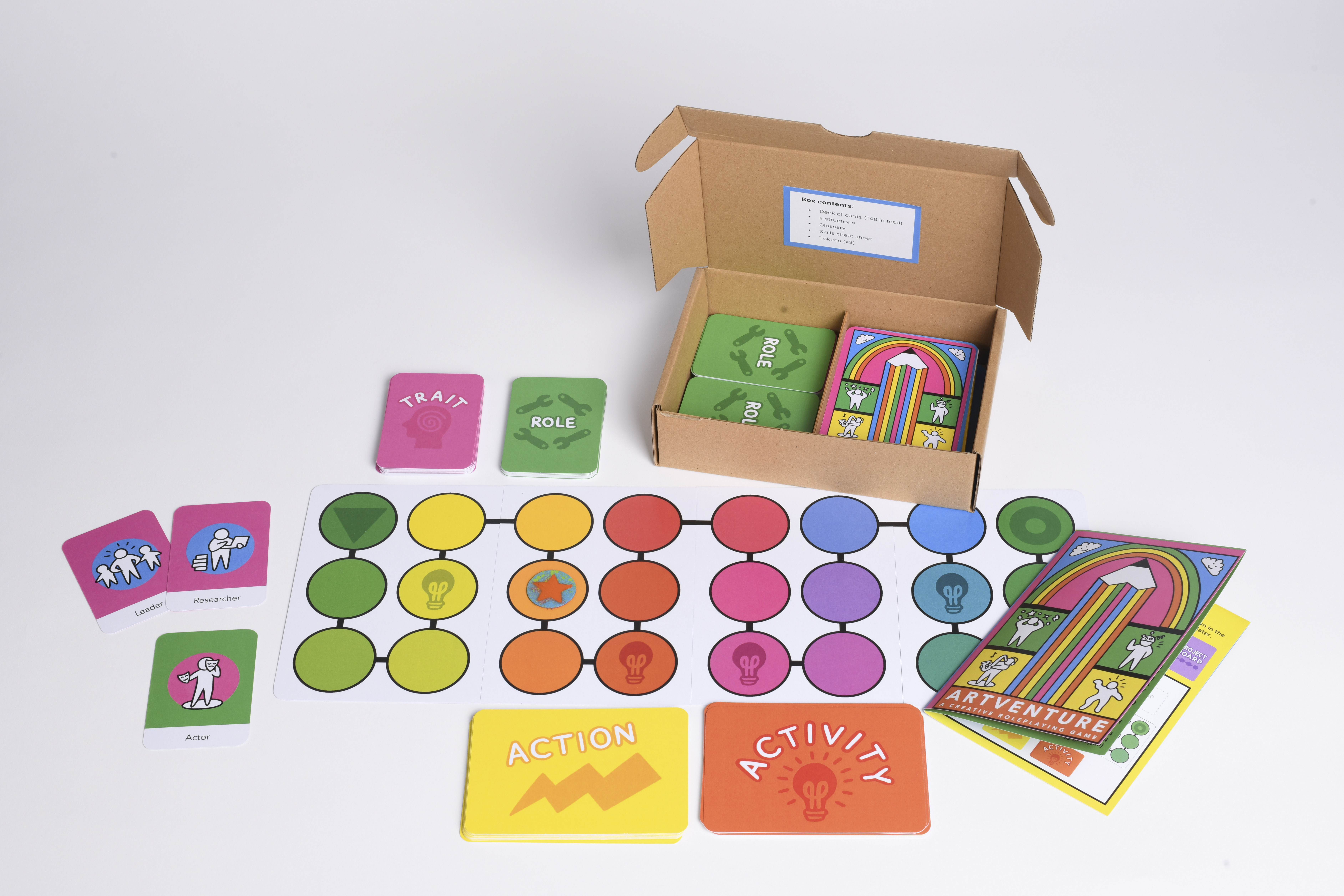 A series of colourful cards and counters with colourful illustrations on each one