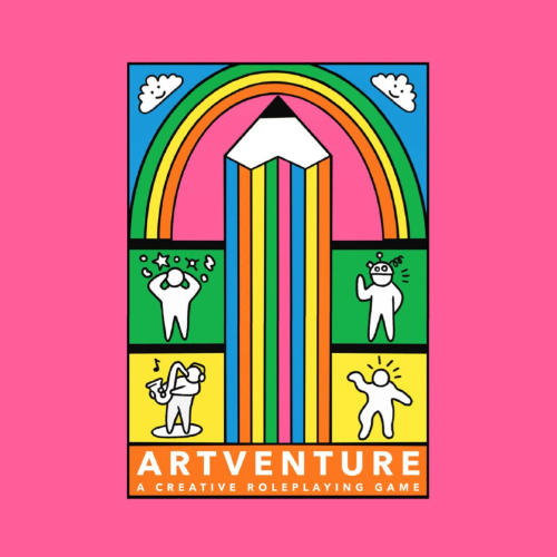 A pink background with a colourful illustration of a pencil