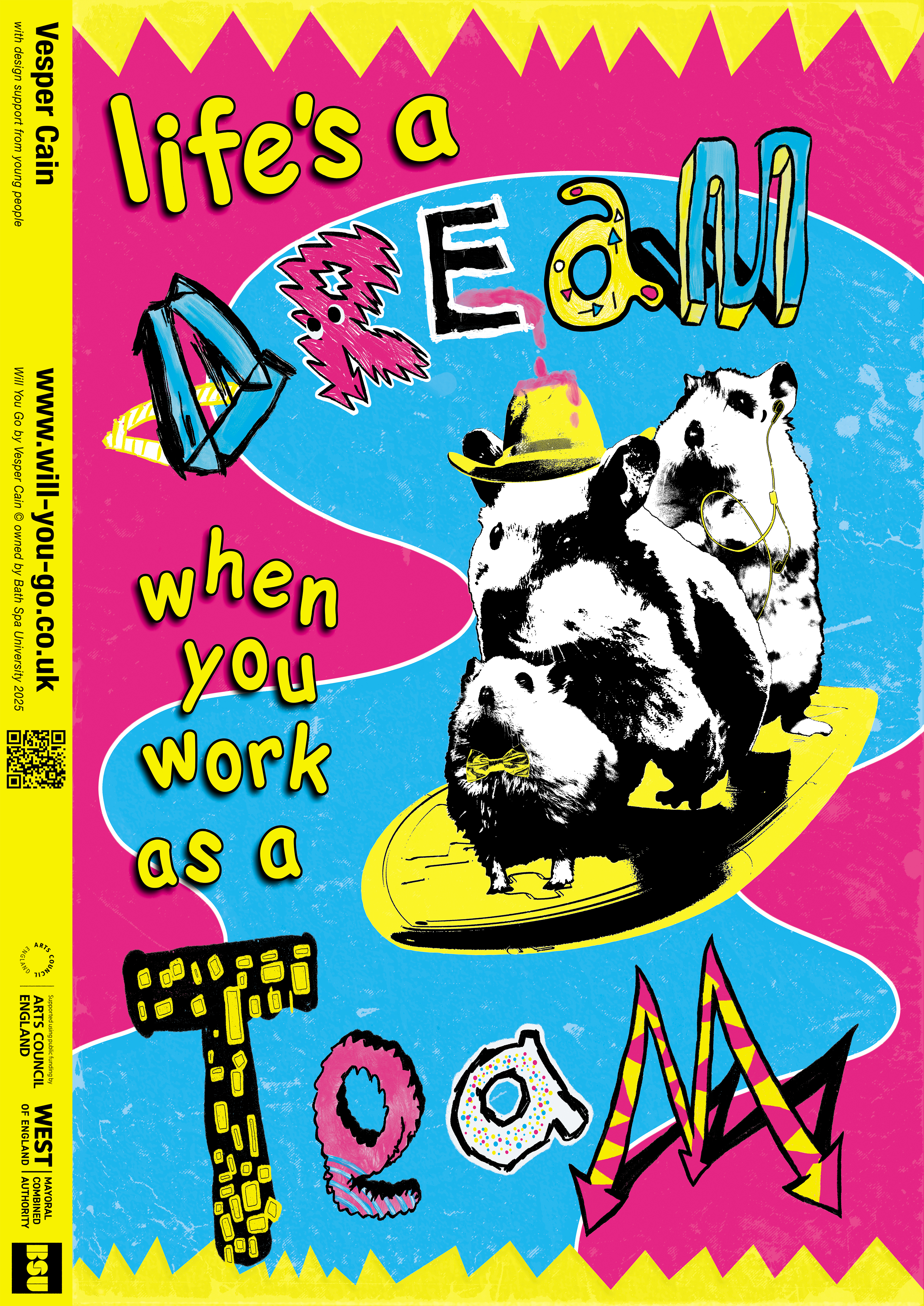 A vibrant artwork with bright shades of pink, blue and yellow creating abstract shapes