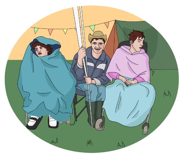 A cartoon illustrating showing three people outside in front of a tent with bunting.