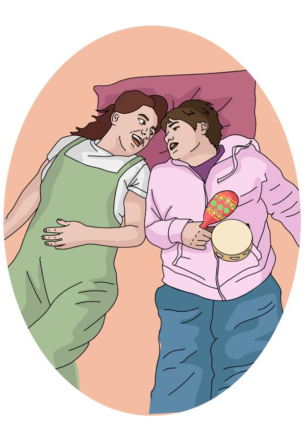 A cartoon illustration of two people lying down, one has a tambourine and a maraca.
